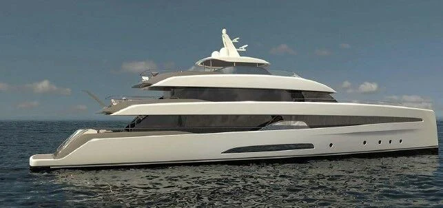 a white yacht on a beach aboard 2 IN 1 Yacht for Sale