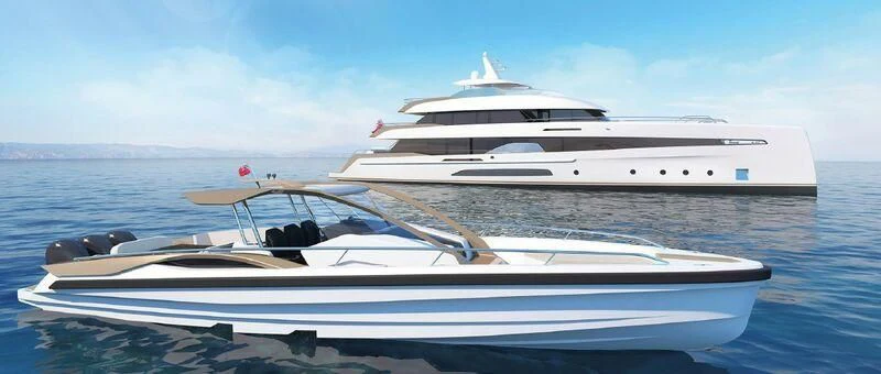 a couple of white yachts on the water aboard 2 IN 1 Yacht for Sale