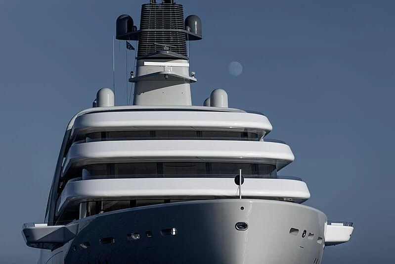 a white boat with a tower aboard SOLARIS Yacht for Sale