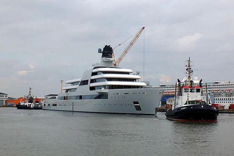 a large white boat with a crane on top of it aboard SOLARIS Yacht for Sale