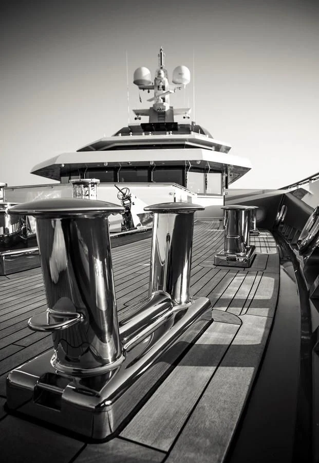 a black and white photo of a drum set aboard STELLA MARIS Yacht for Sale