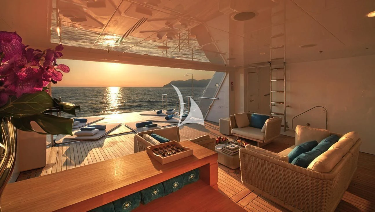 a room with a large window and a view of the water aboard STELLA MARIS Yacht for Sale