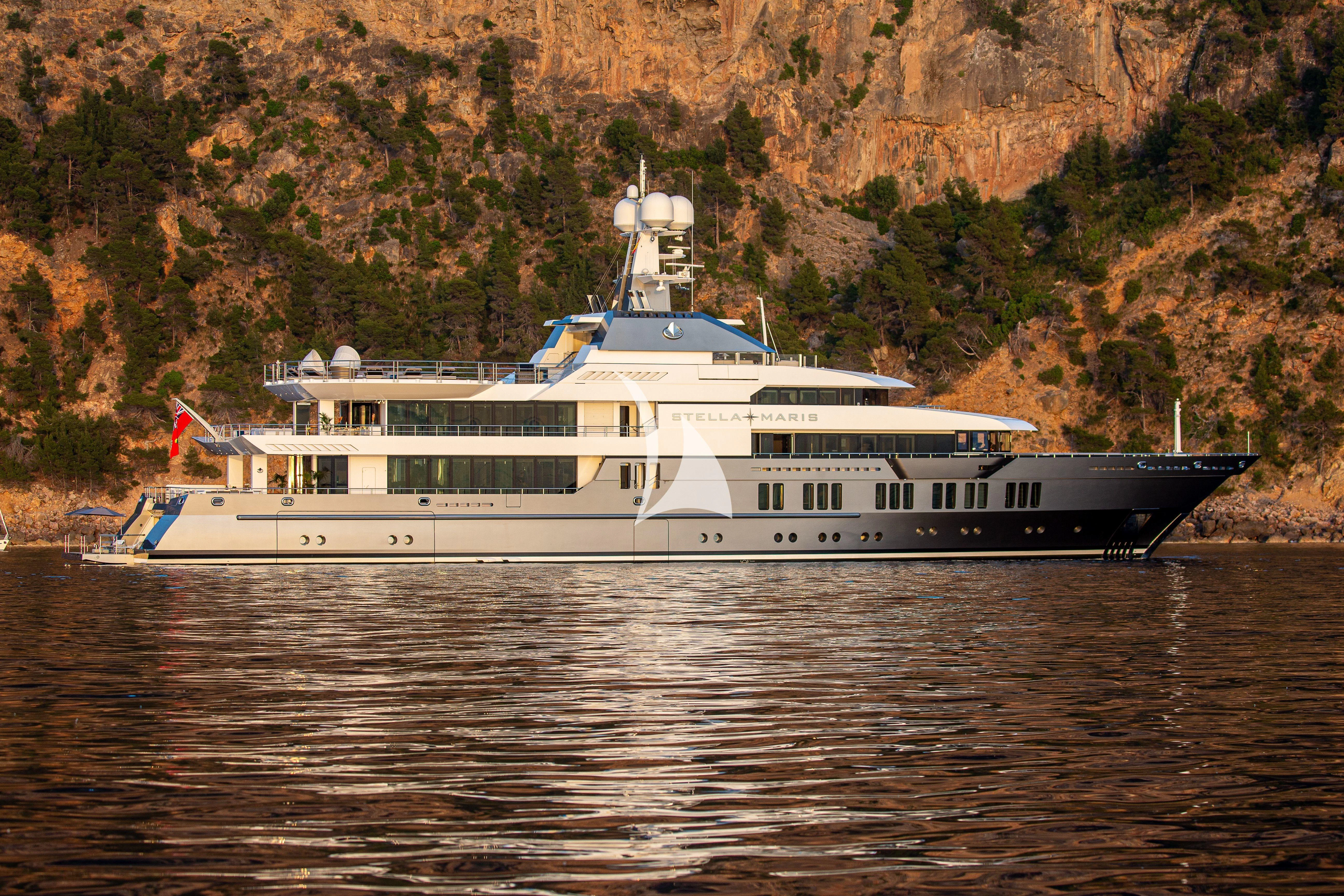 a large white boat on the water aboard STELLA MARIS Yacht for Sale