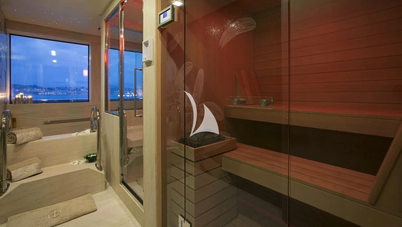 a bathroom with a large bathtub aboard STELLA MARIS Yacht for Sale