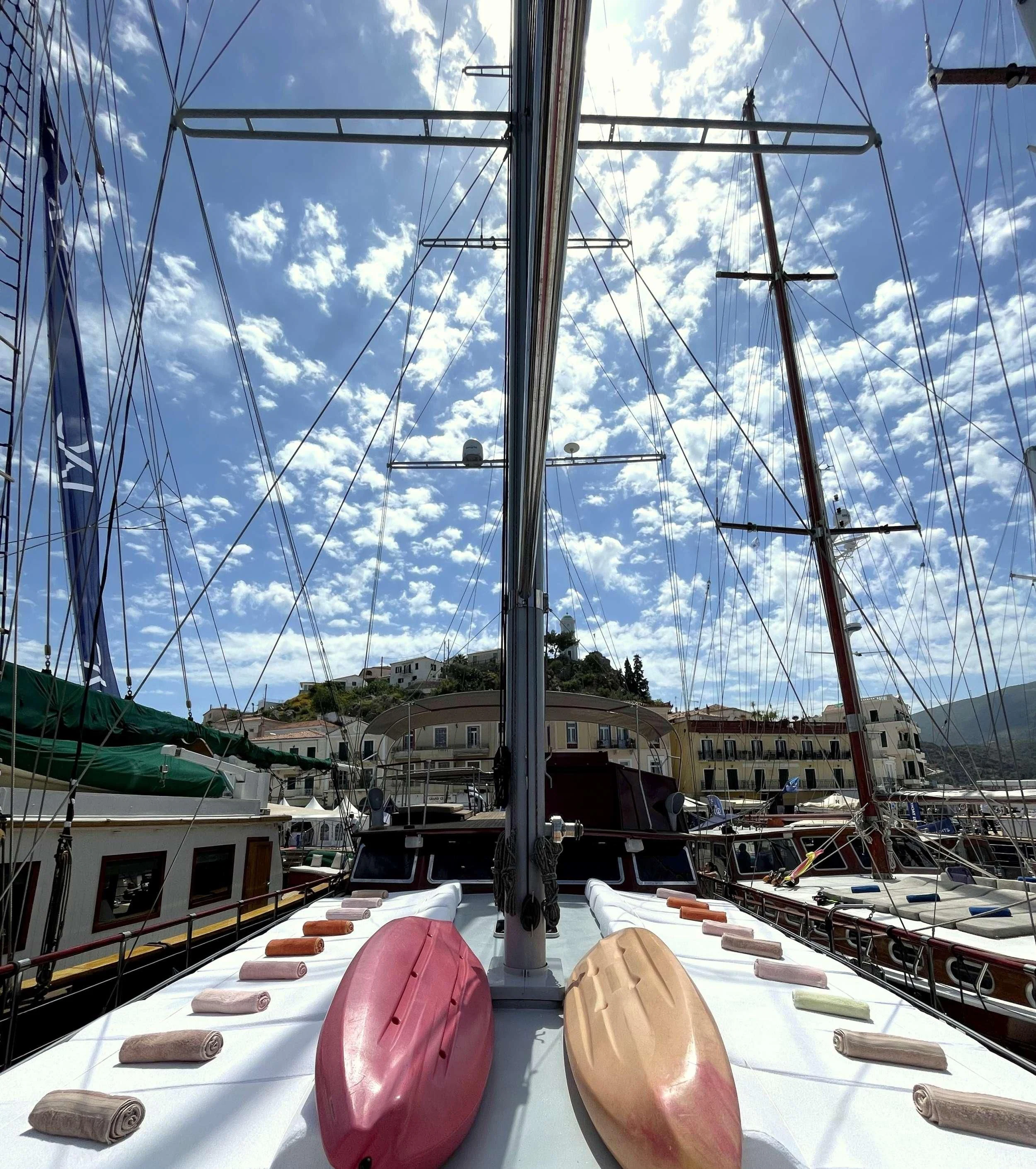 shoes on a table aboard ERATO Yacht for Charter