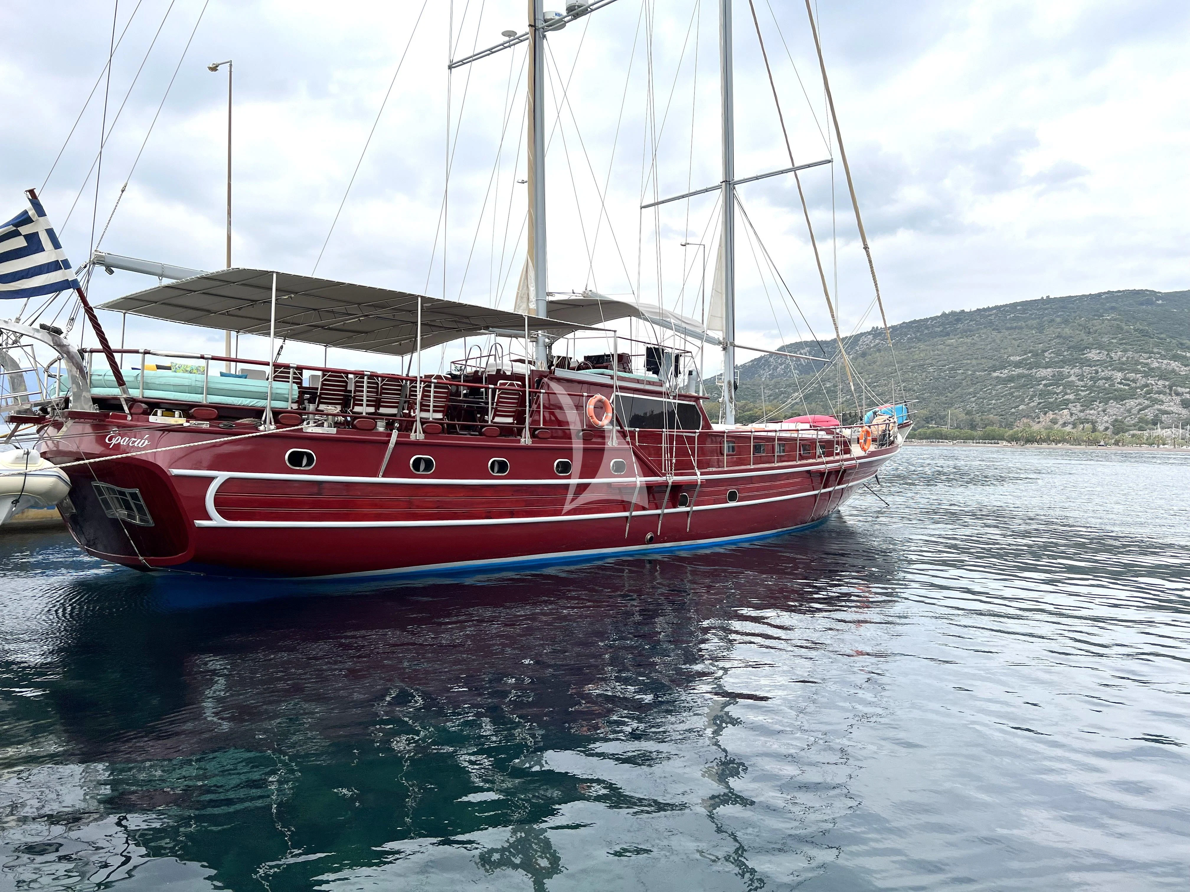 a red boat in the water aboard ERATO Yacht for Charter