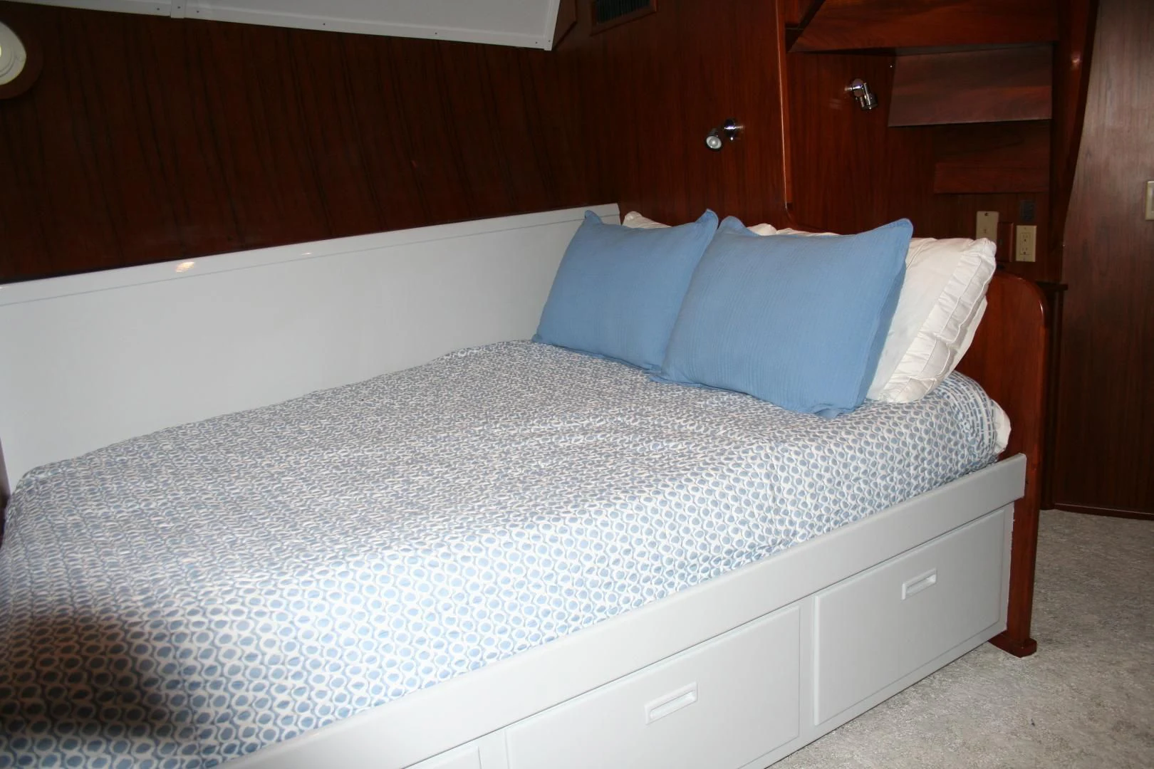 a bed with white sheets aboard SINDBAD Yacht for Sale