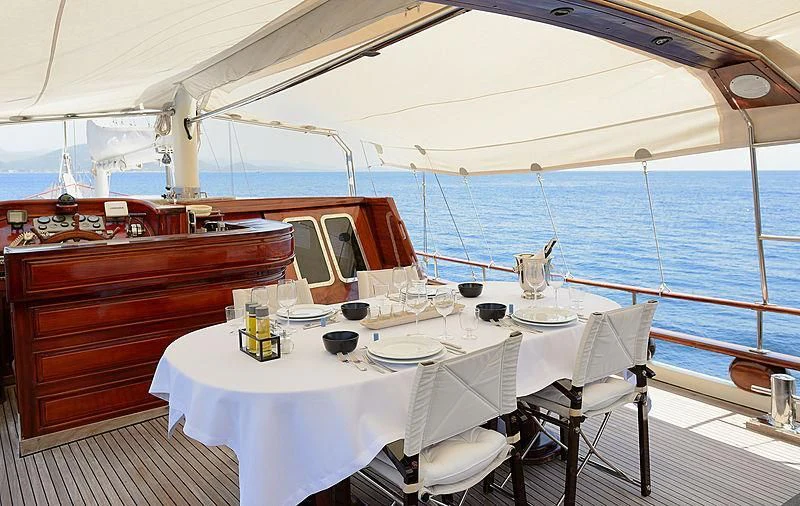 a table set for a meal on a boat aboard COBRA III Yacht for Sale