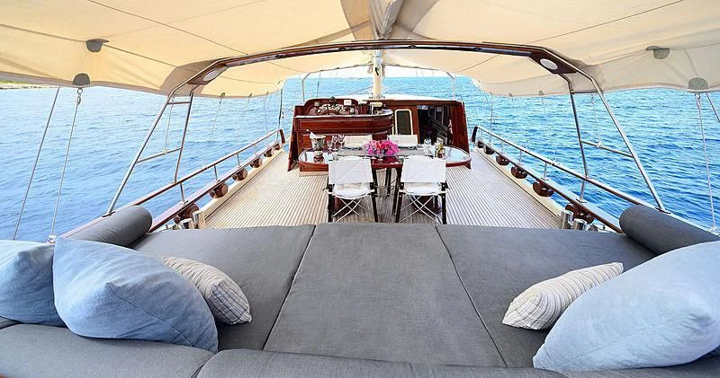 a boat with a table and chairs on a boat aboard COBRA III Yacht for Sale