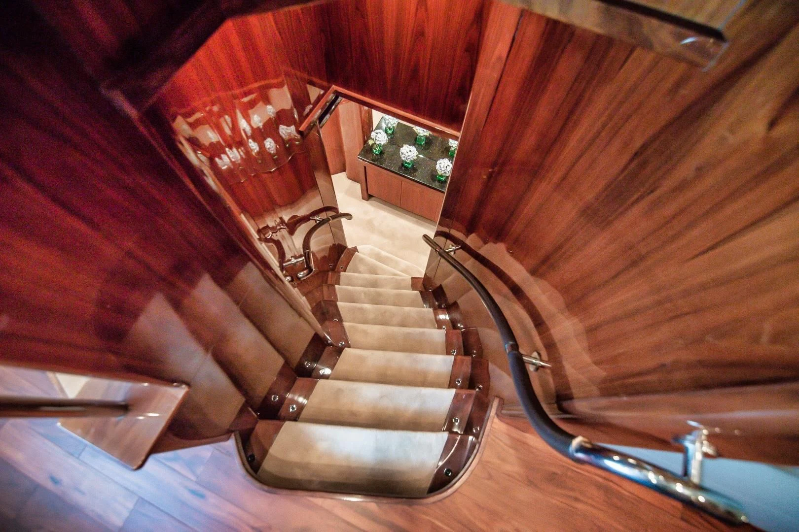 a staircase with wooden walls aboard VIVA LA VIDA Yacht for Sale