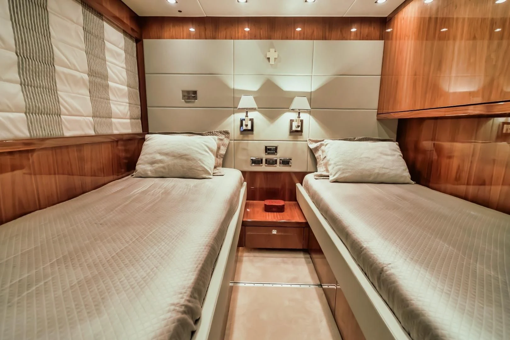 a room with two beds aboard VIVA LA VIDA Yacht for Sale