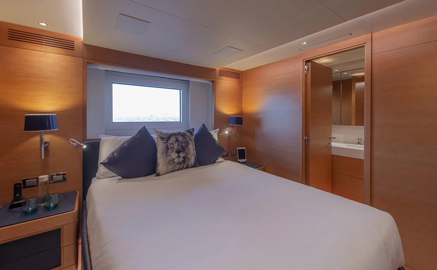 a bed in a room aboard TONIC BLUE Yacht for Sale