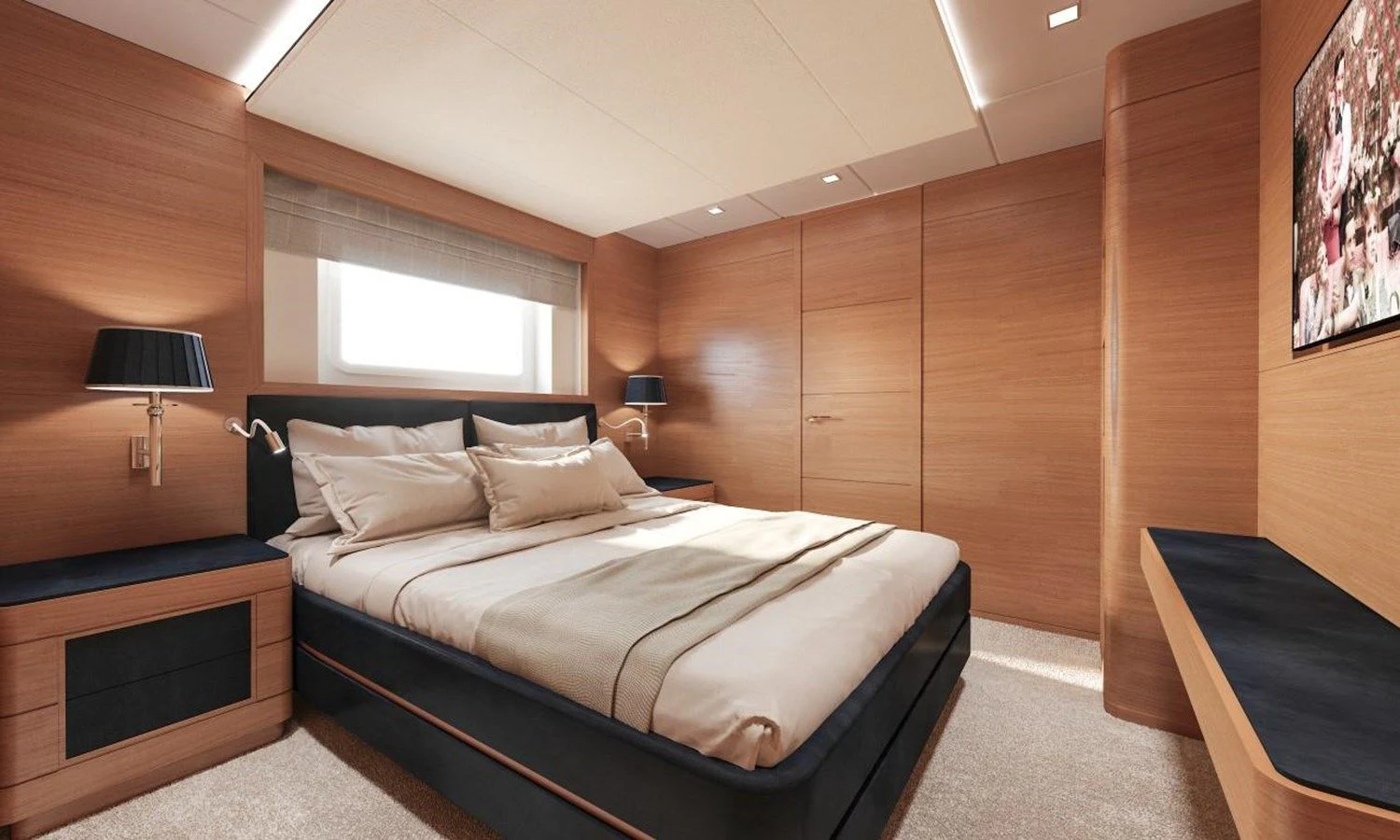 a bed in a room aboard TONIC BLUE Yacht for Sale