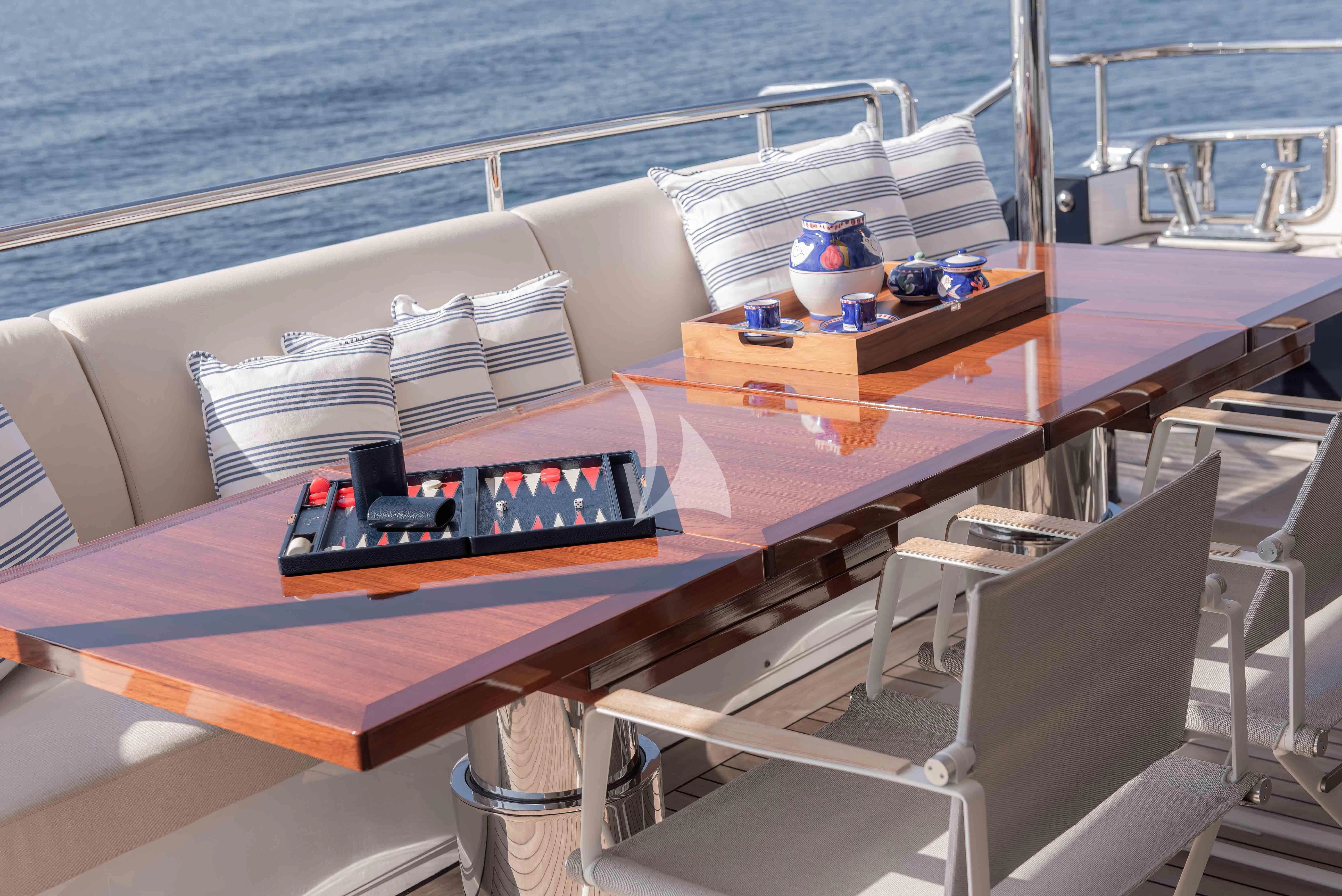 a table with a laptop on it aboard TONIC BLUE Yacht for Sale