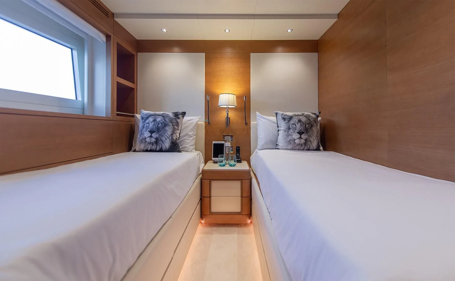 a room with two beds aboard TONIC BLUE Yacht for Sale