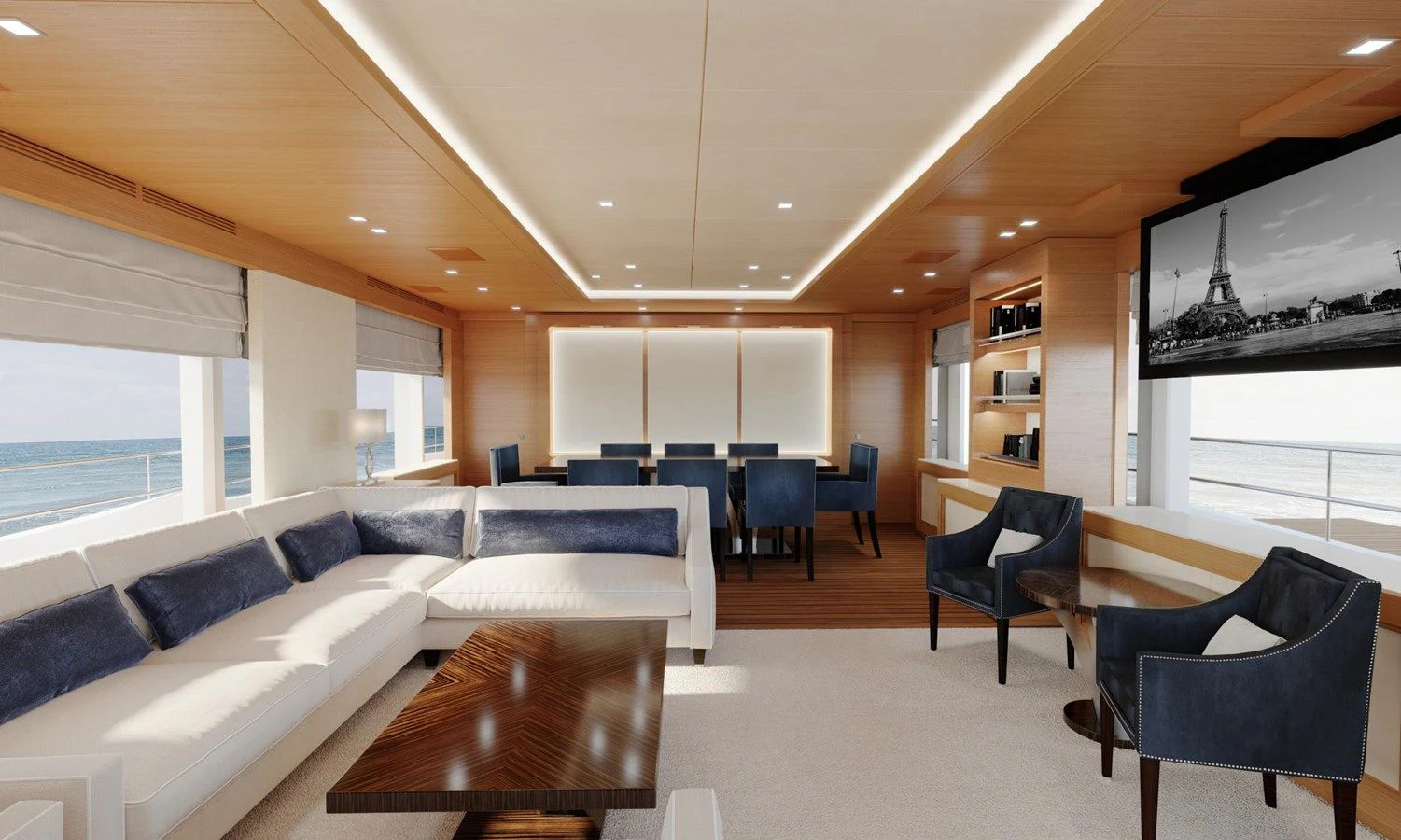a living room with a couch and chairs aboard TONIC BLUE Yacht for Sale