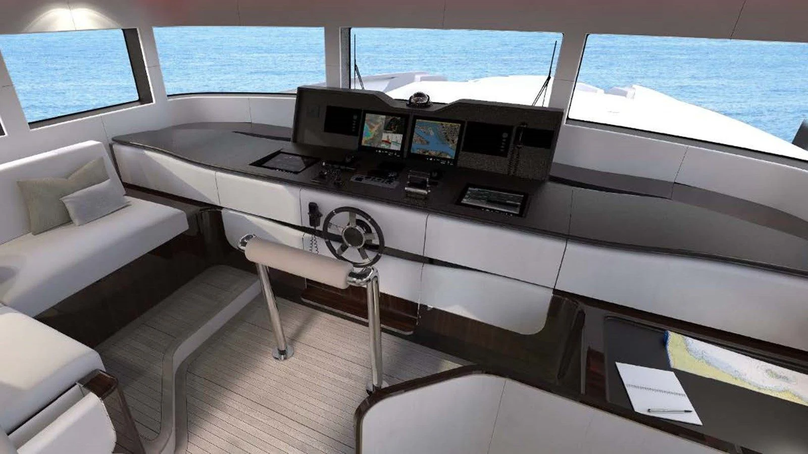 a white table with a white chair and a white couch in a room with a window and wood aboard TONIC BLUE Yacht for Sale