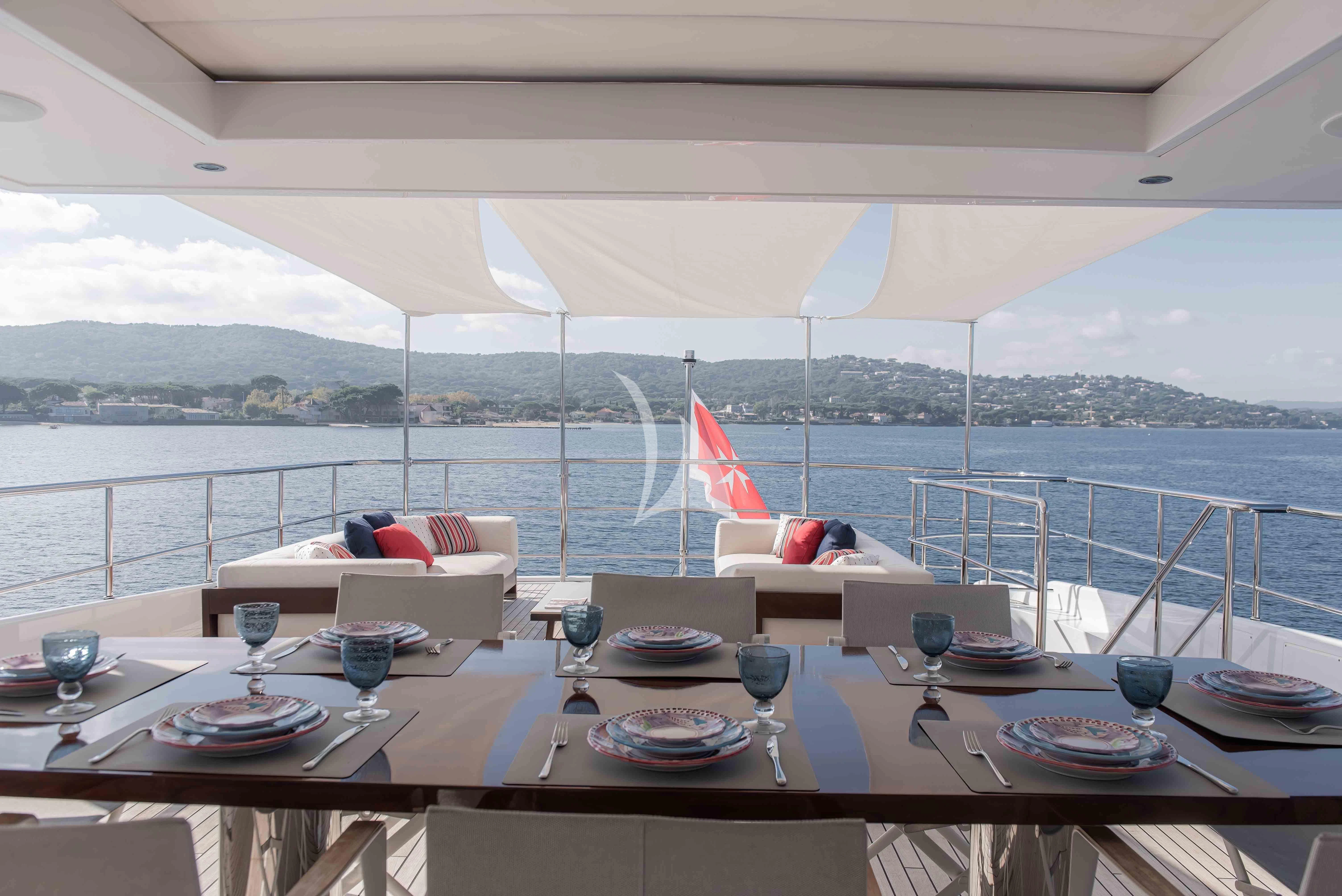 a table with plates and glasses on it aboard TONIC BLUE Yacht for Sale