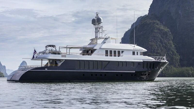 a large boat in the water aboard SEA D Yacht for Sale