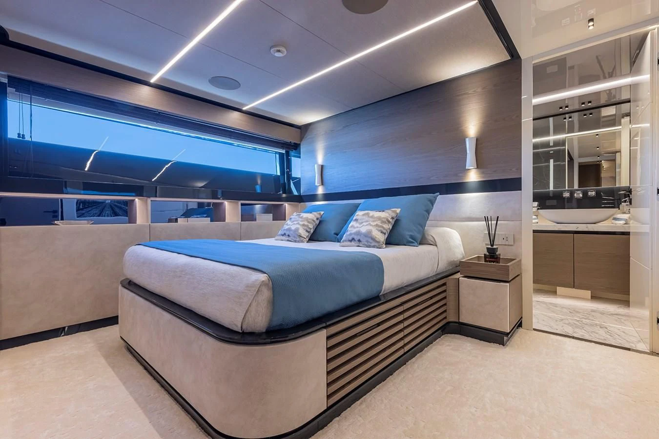 a modern bedroom with a bed aboard SOLEIL Yacht for Sale