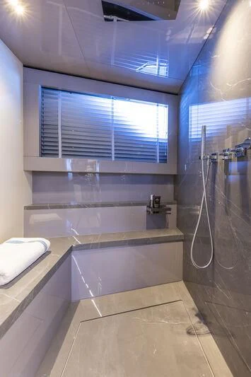 a bathroom with a shower aboard SOLEIL Yacht for Sale