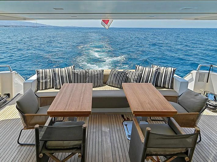 a deck with chairs on it by the water aboard CASA Yacht for Sale