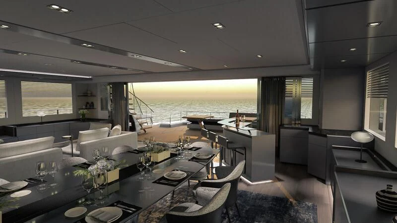 a large room with a large table and chairs aboard OCEAN ECO 90/02 Yacht for Sale