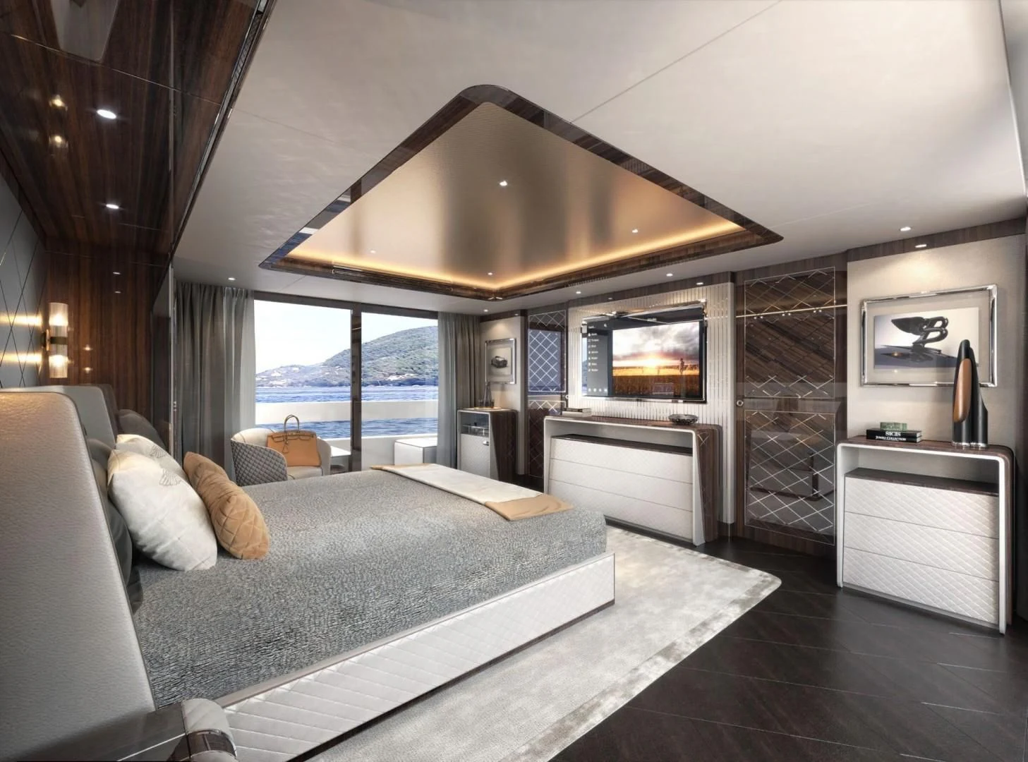 a living room with a large open window aboard DYNAMIQ GLOBAL 350 Yacht for Sale