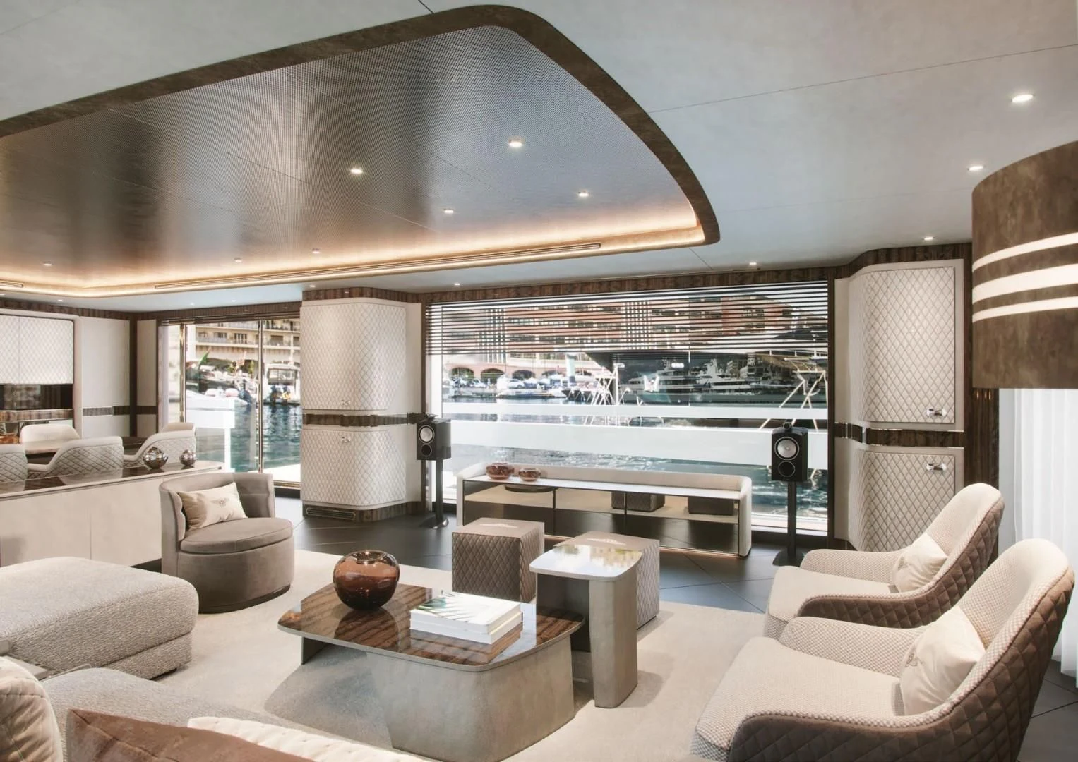 a living room with a large window aboard DYNAMIQ GLOBAL 350 Yacht for Sale