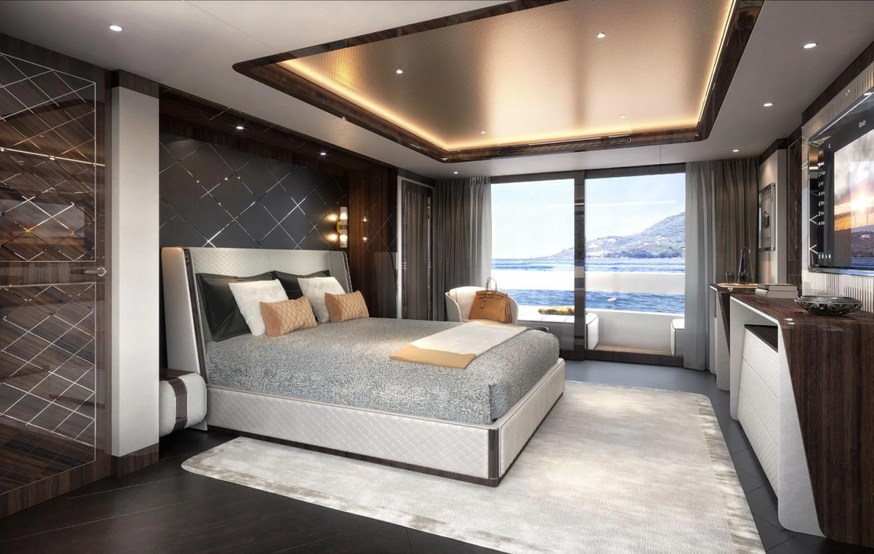 a large bedroom with a large bed aboard DYNAMIQ GLOBAL 350 Yacht for Sale
