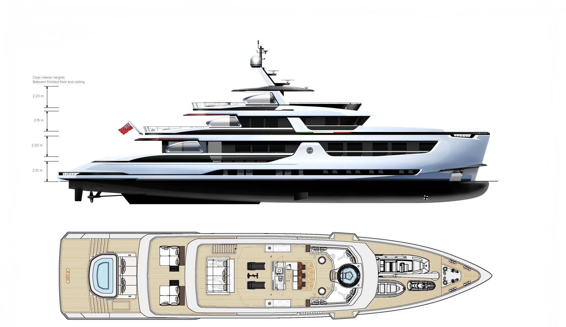 a black and white boat aboard DYNAMIQ GLOBAL 350 Yacht for Sale