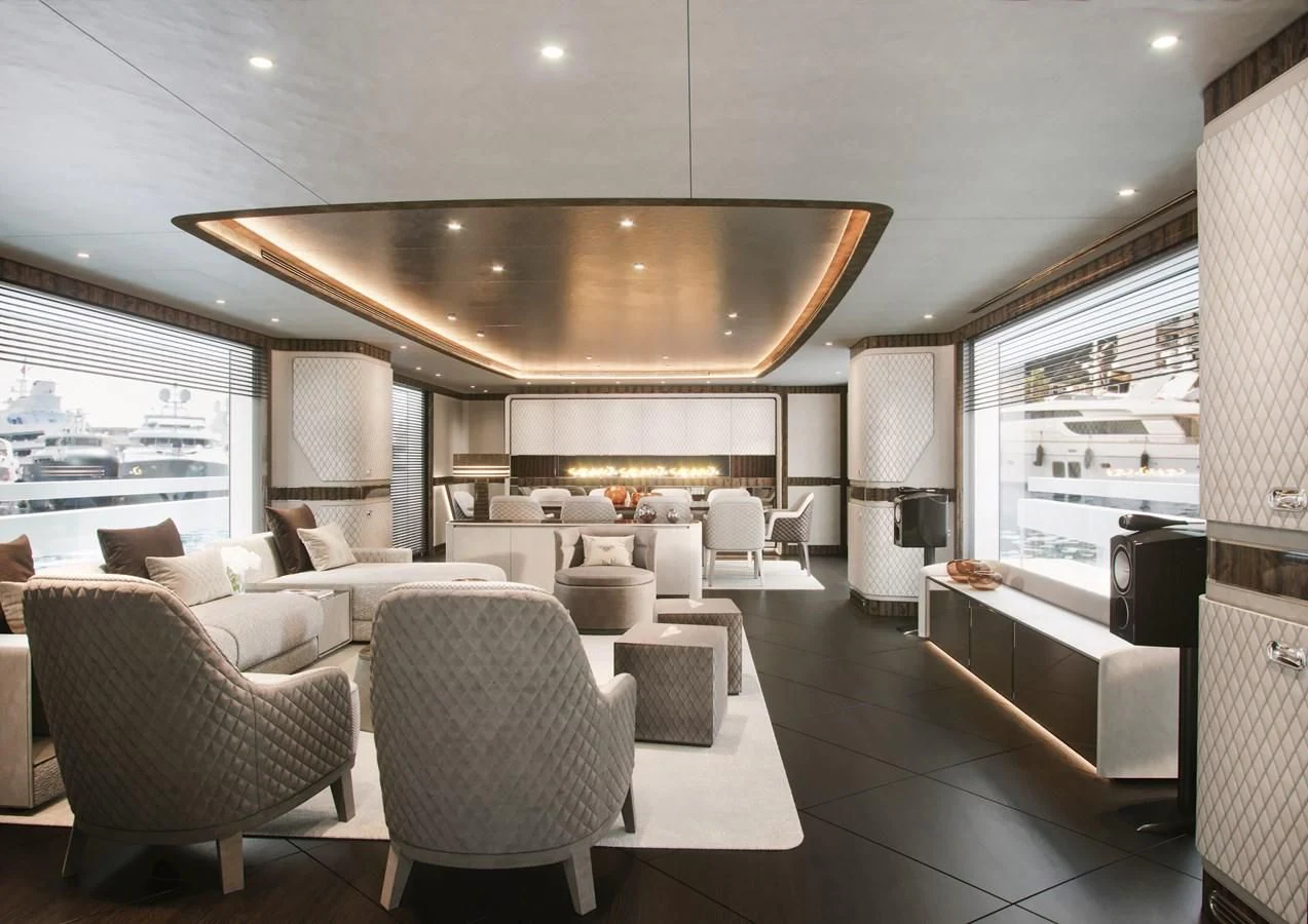 a large living room with a large open floor plan aboard DYNAMIQ GLOBAL 350 Yacht for Sale