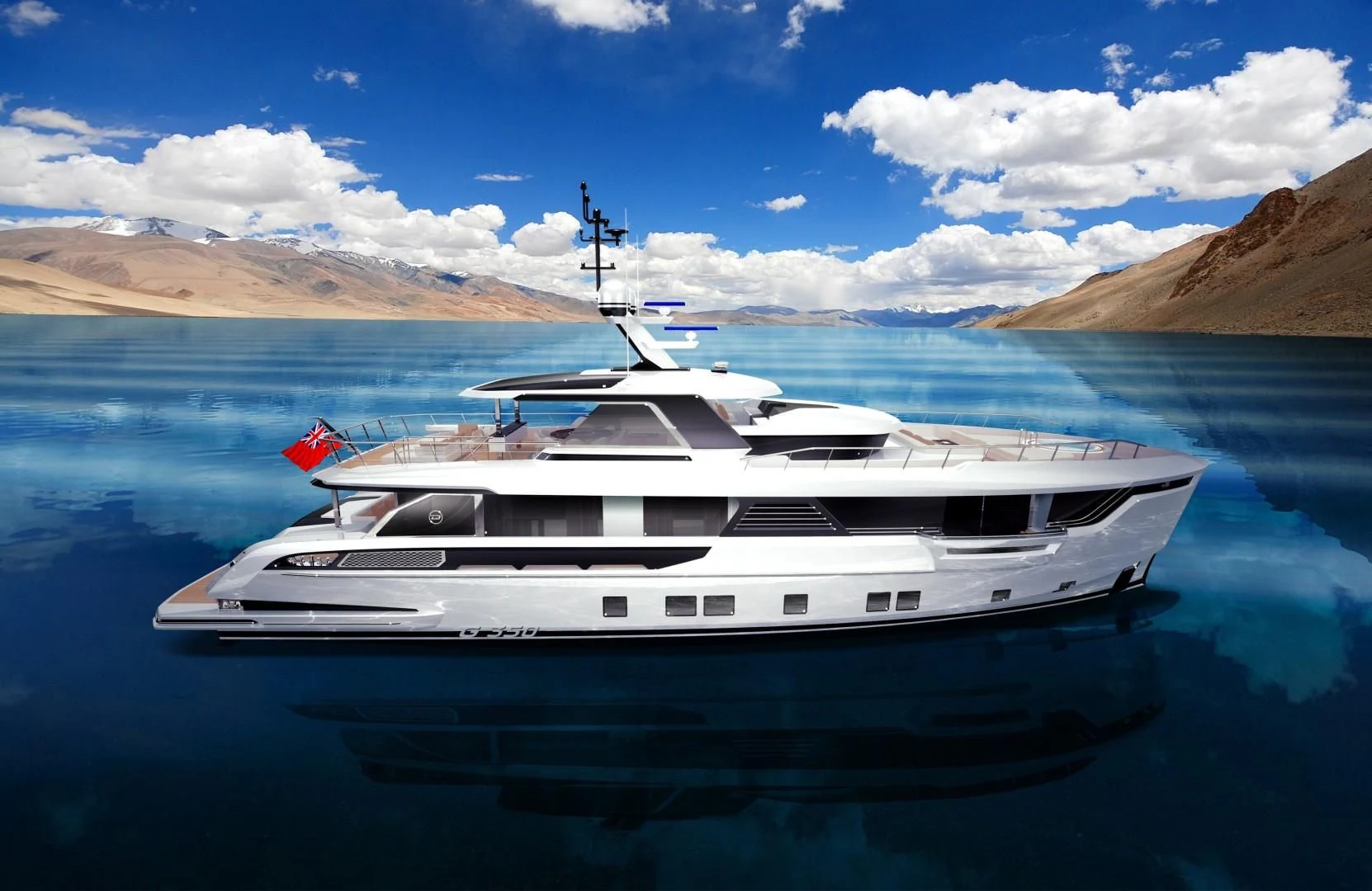 a white yacht on the water aboard DYNAMIQ GLOBAL 350 Yacht for Sale
