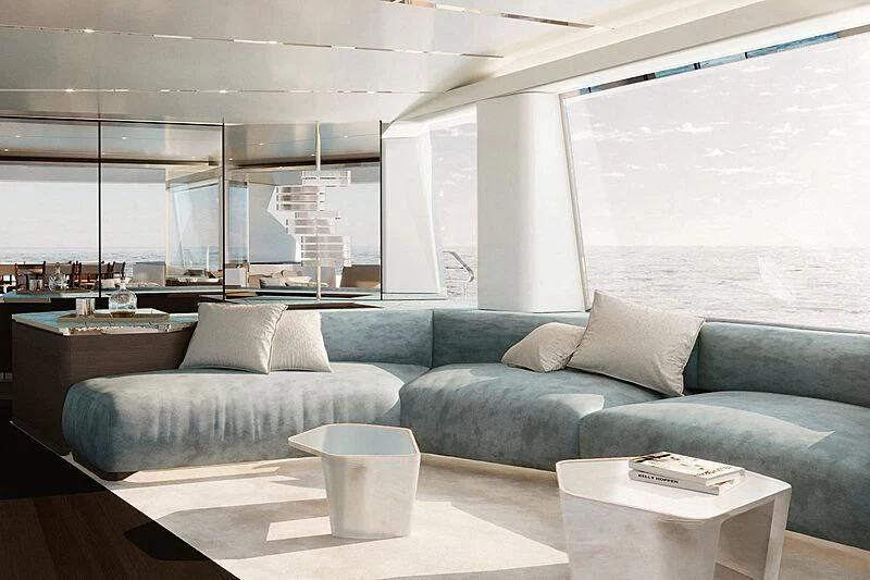 a living room with a large window aboard FIFTH SEASON Yacht for Sale