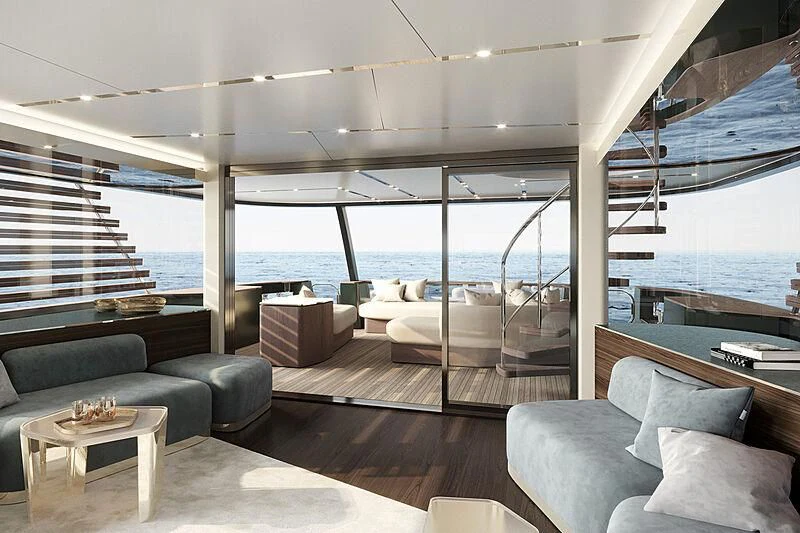 a living room with a large window aboard FIFTH SEASON Yacht for Sale