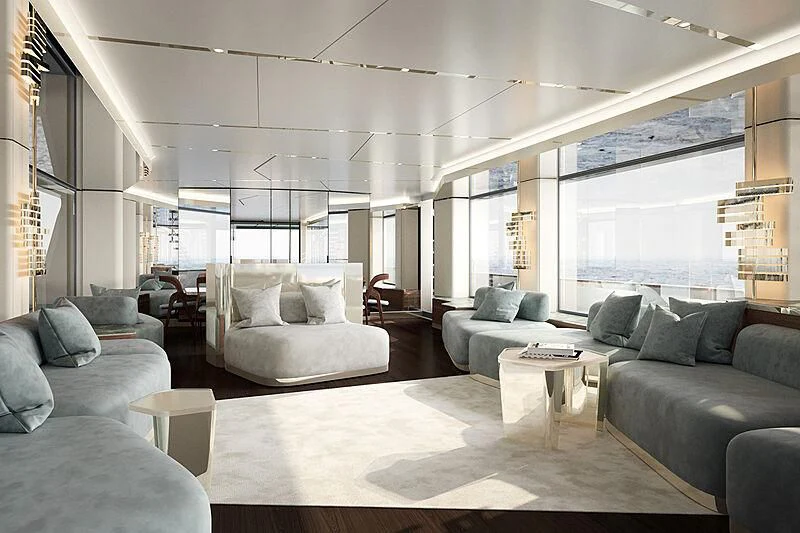 a living room with a large window aboard FIFTH SEASON Yacht for Sale