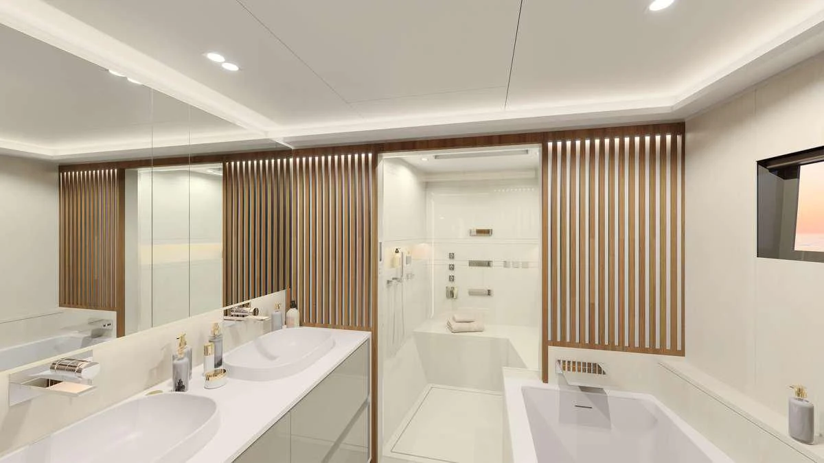 a bathroom with a tub sink and a mirror aboard SERENISSIMA III Yacht for Charter