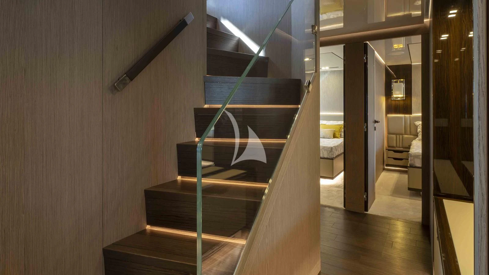 a staircase in a house aboard FOUR JOYS Yacht for Sale