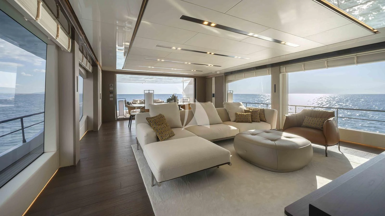 a living room with a large window aboard FOUR JOYS Yacht for Sale