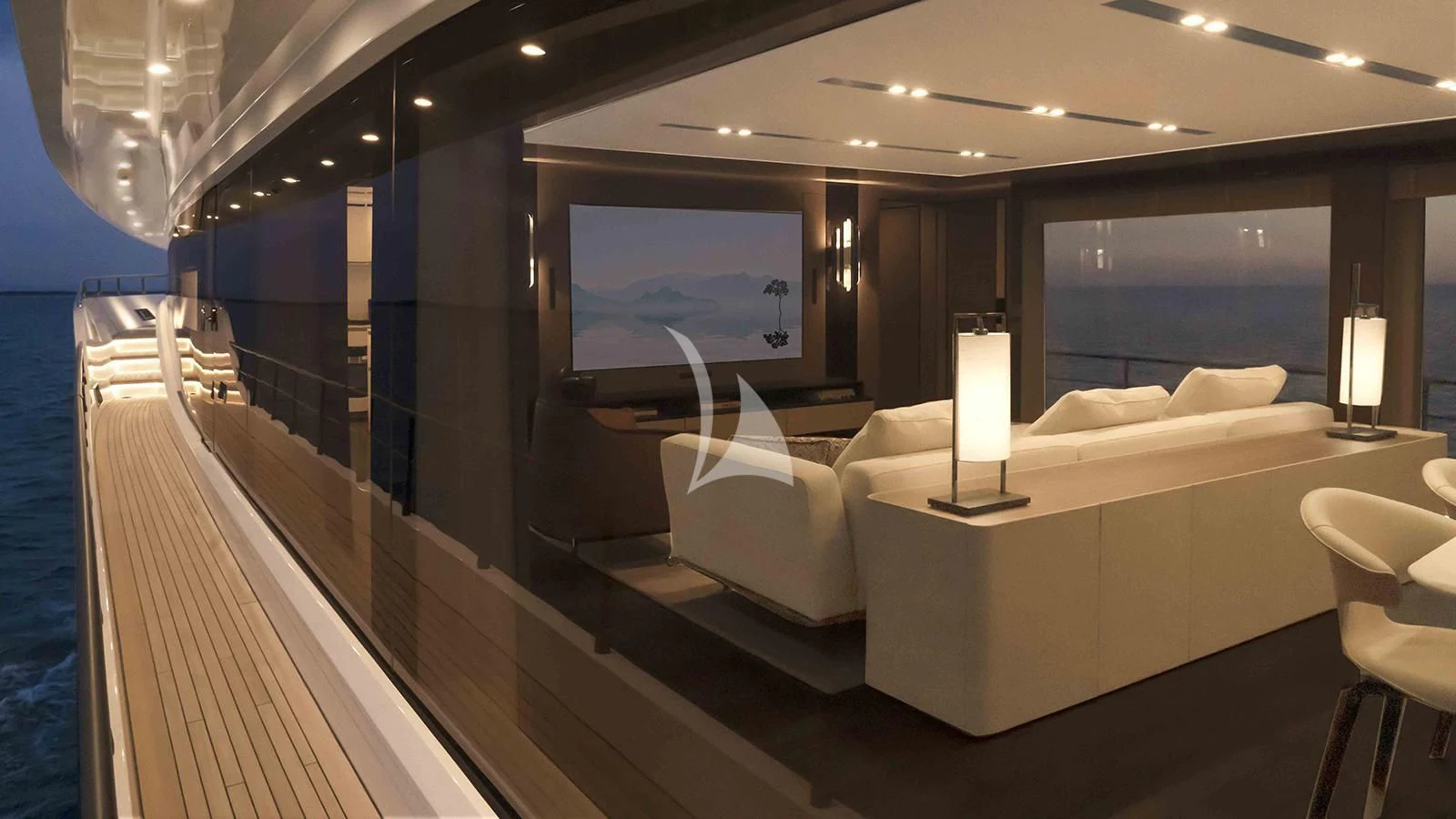 a room with a large mirror aboard FOUR JOYS Yacht for Sale