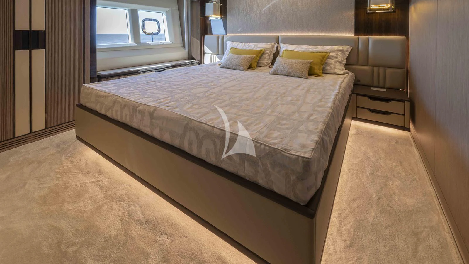 a bed in a room aboard FOUR JOYS Yacht for Sale