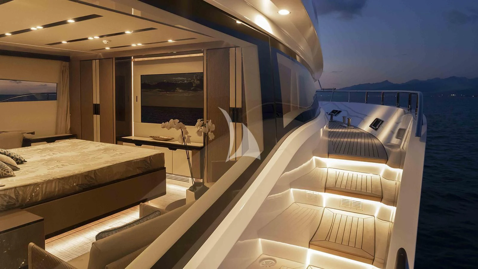 a boat with a bed aboard FOUR JOYS Yacht for Sale
