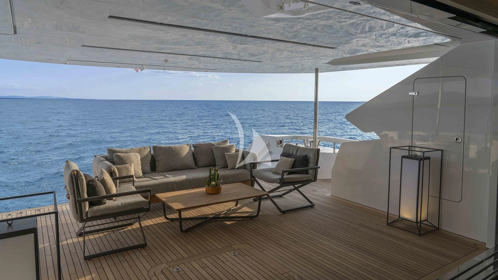 a living room with a large body of water aboard FOUR JOYS Yacht for Sale