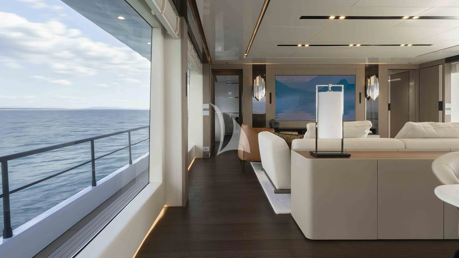 a room with a large window and a view of the ocean aboard FOUR JOYS Yacht for Sale
