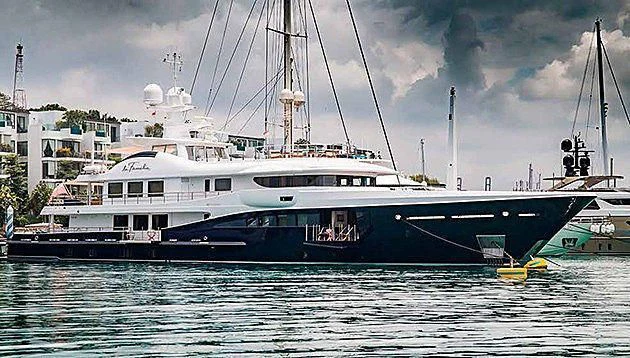 a large boat in the water aboard LA FAMILIA Yacht for Sale