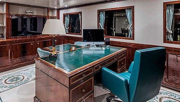 a pool table in a living room aboard LA FAMILIA Yacht for Sale