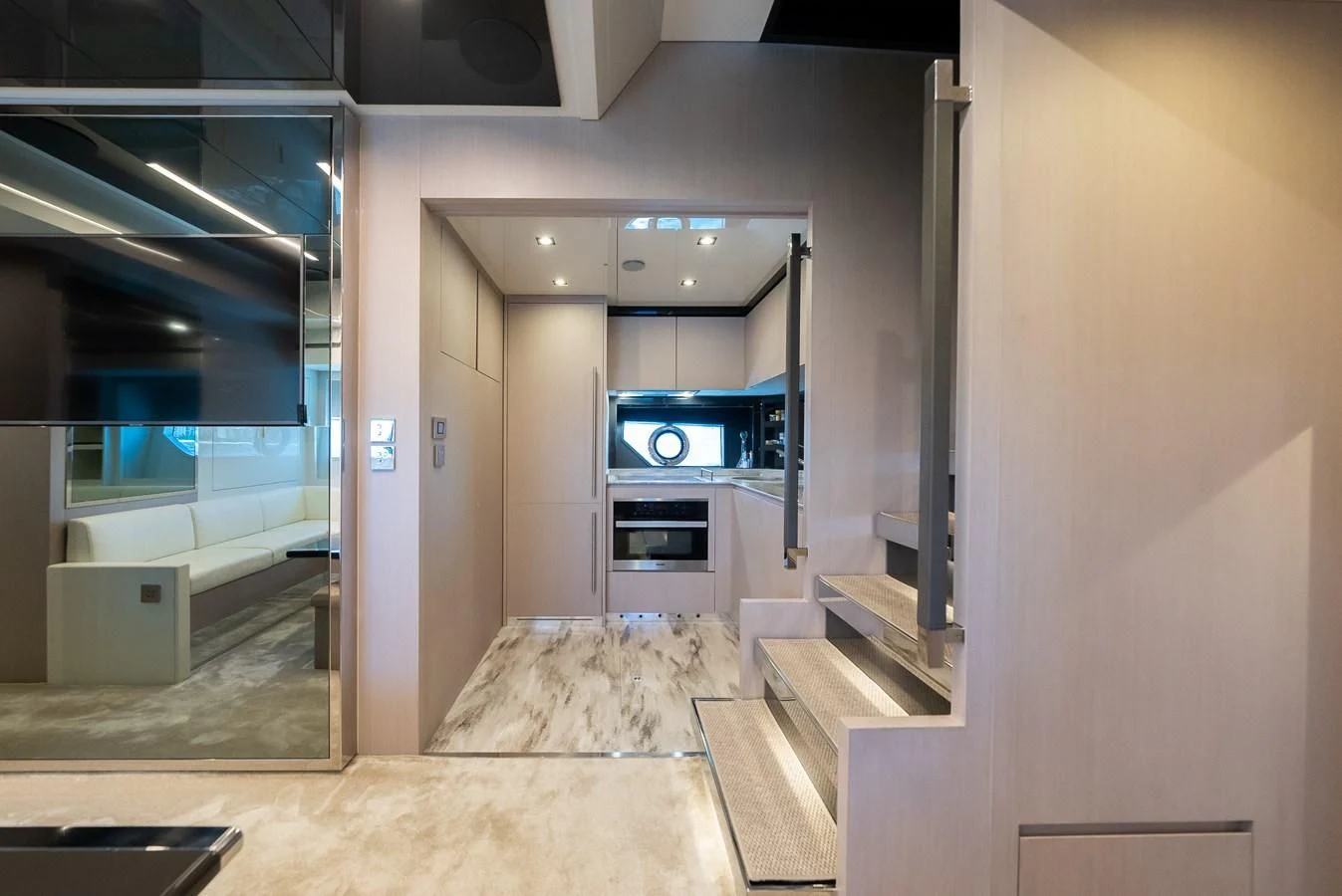 a room with a fireplace aboard BABY PEARL Yacht for Sale
