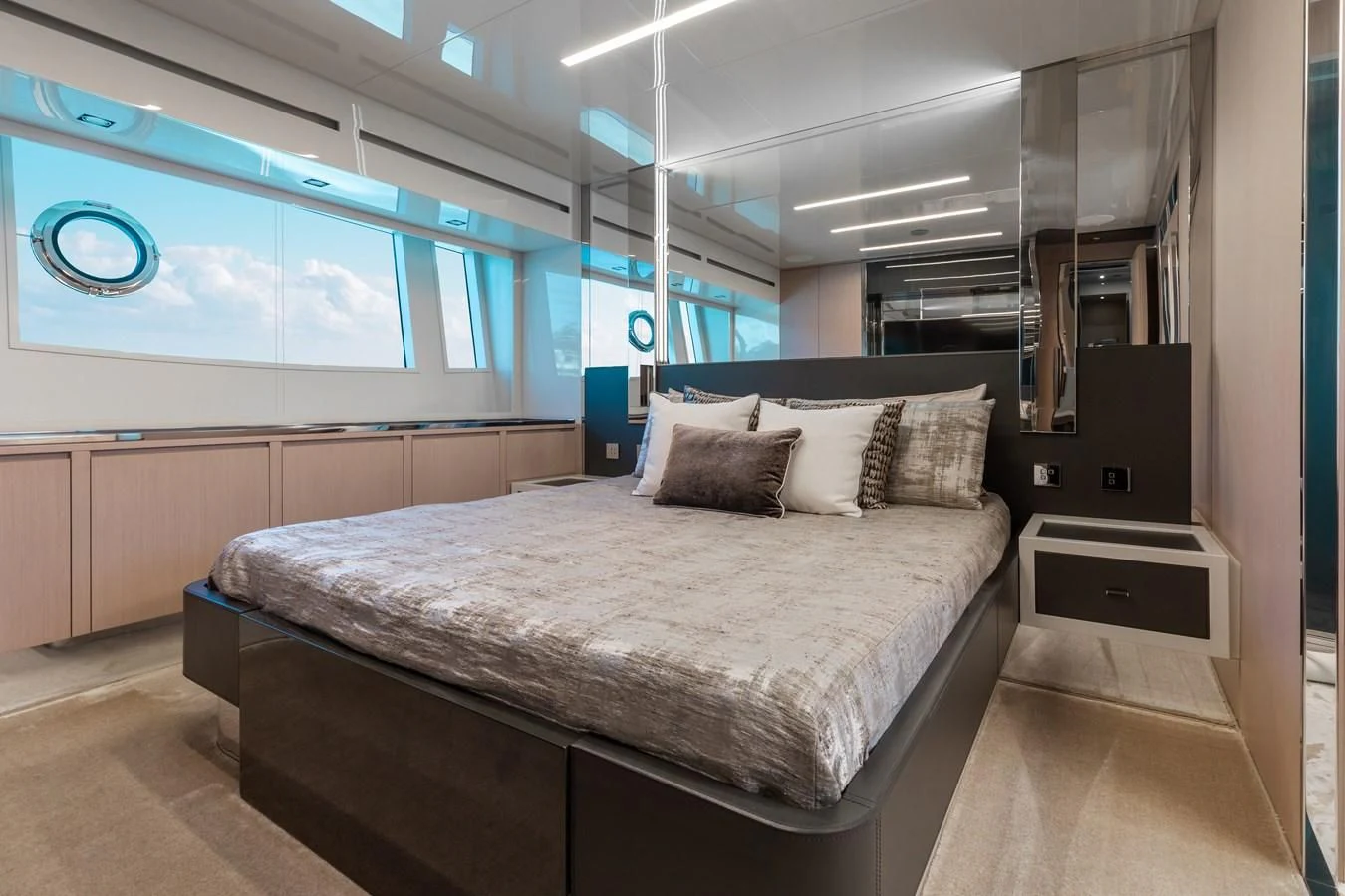 a bed in a room aboard BABY PEARL Yacht for Sale