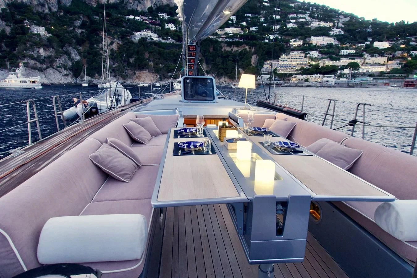 a deck with a view of a city and a body of water aboard MAGIC BLUE Yacht for Sale