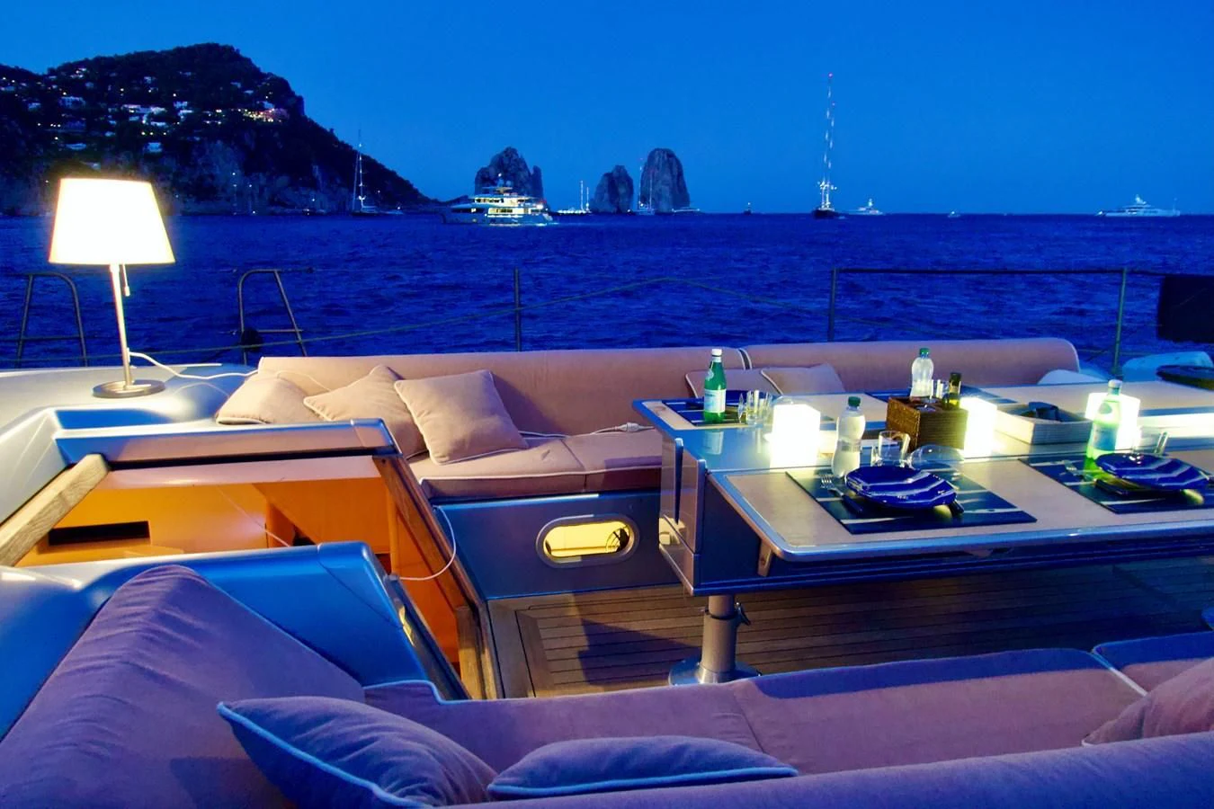 a room with a view of a city and a body of water aboard MAGIC BLUE Yacht for Sale